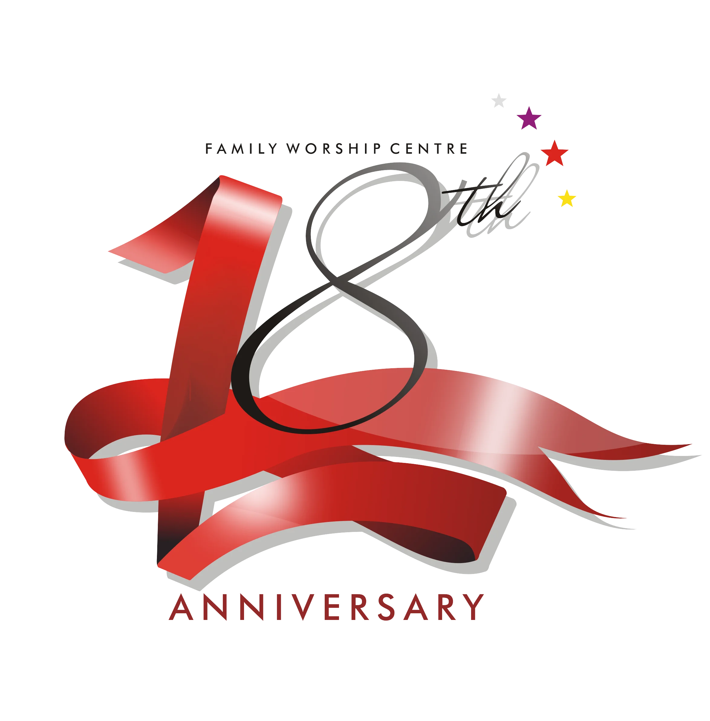 Family Worship Centre 18th Anniversary Commemorative Clipart Design with Elegant Red Ribbon