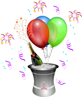 Festive Celebration Clipart with Champagne, Balloons, and Fireworks Explosion