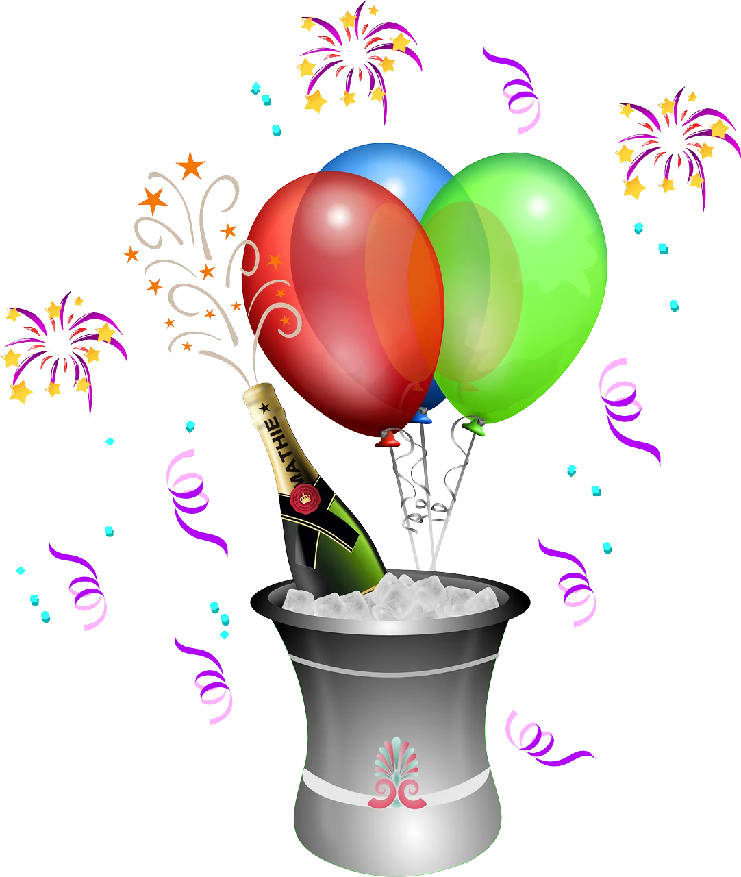 Festive Celebration Clipart with Champagne, Balloons, and Fireworks Explosion