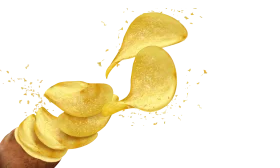Golden Crispy Potato Chips Clipart Flying with Salty Crunch Explosion