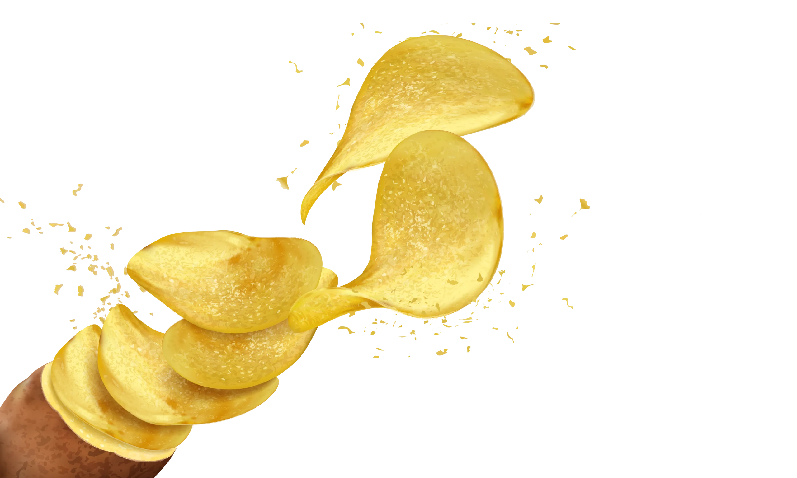 Golden Crispy Potato Chips Clipart Flying with Salty Crunch Explosion