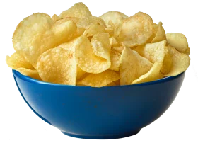 Golden Crispy Potato Chips Clipart in Ceramic Blue Bowl with Delightful Crunch
