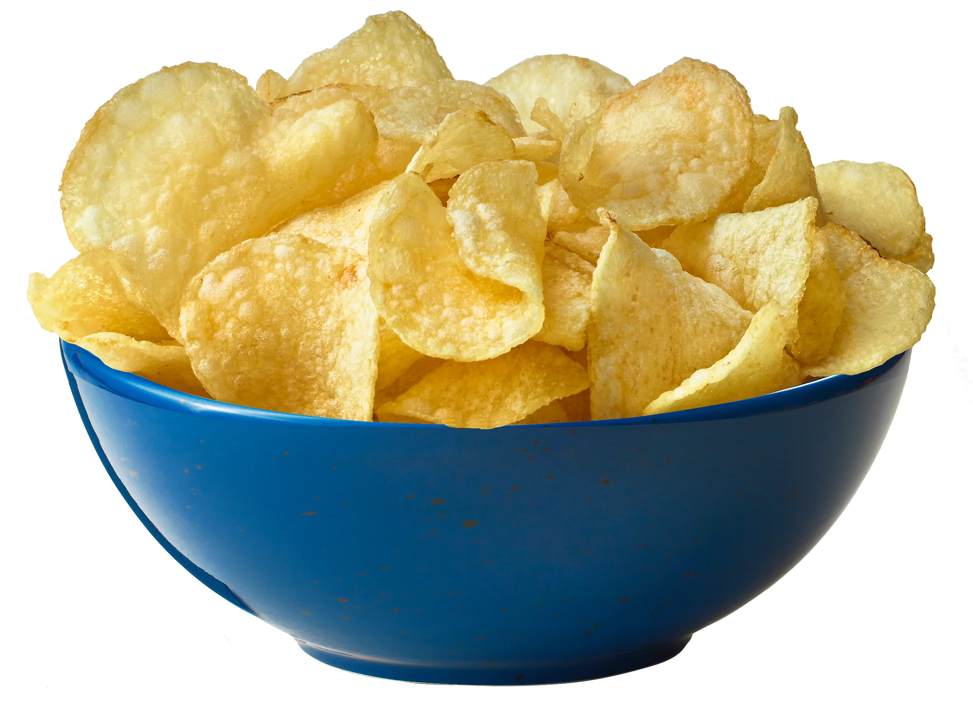 Golden Crispy Potato Chips Clipart in Ceramic Blue Bowl with Delightful Crunch