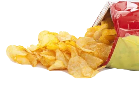 Golden Crispy Potato Chips Clipart Spilling from Glossy Red Bag