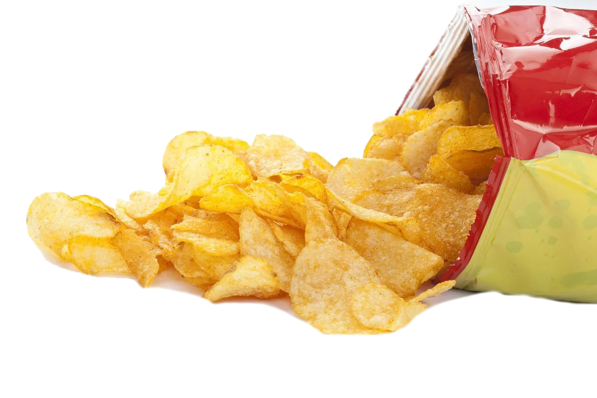Golden Crispy Potato Chips Clipart Spilling from Glossy Red Bag