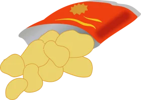 Golden Crispy Potato Chips Spilling from Bright Red Snack Clipart Illustration