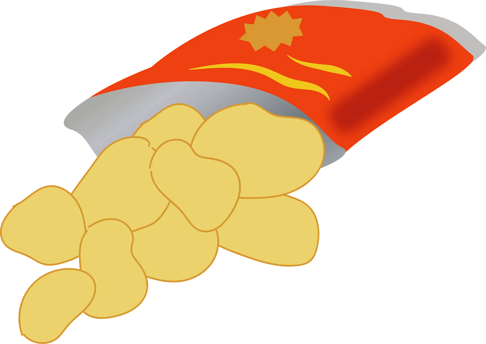 Golden Crispy Potato Chips Spilling from Bright Red Snack Clipart Illustration