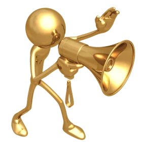 Golden Metallic Stick Figure Shouting Announcement Clipart with Megaphone