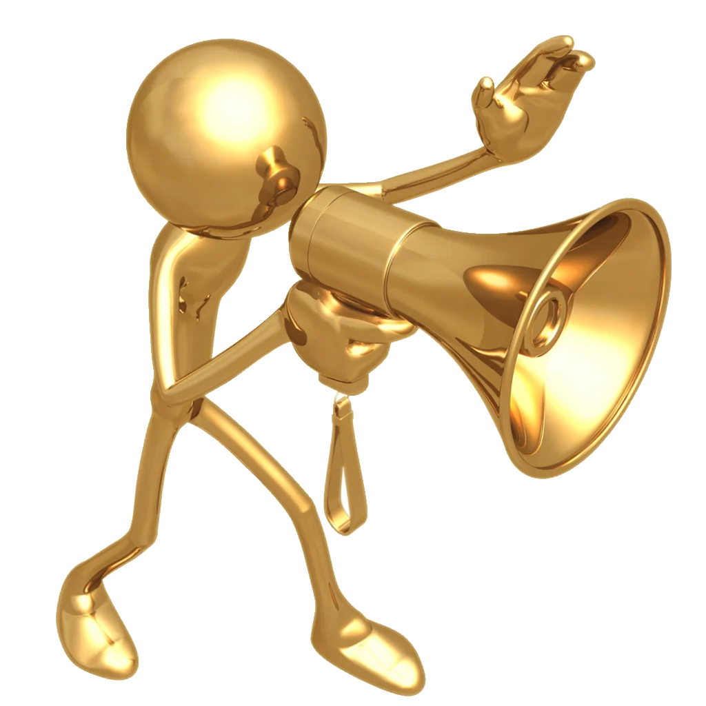 Golden Metallic Stick Figure Shouting Announcement Clipart with Megaphone