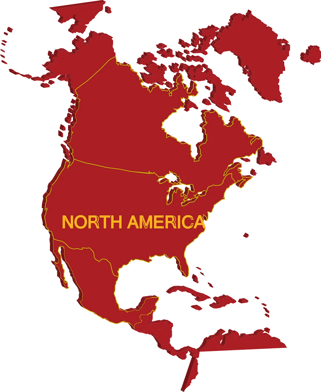 North American Continent Political Map Clipart in Bold Crimson and Golden Tones