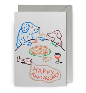 Whimsical Anniversary Celebration Clipart: Playful Dogs Sharing Spaghetti Moment
