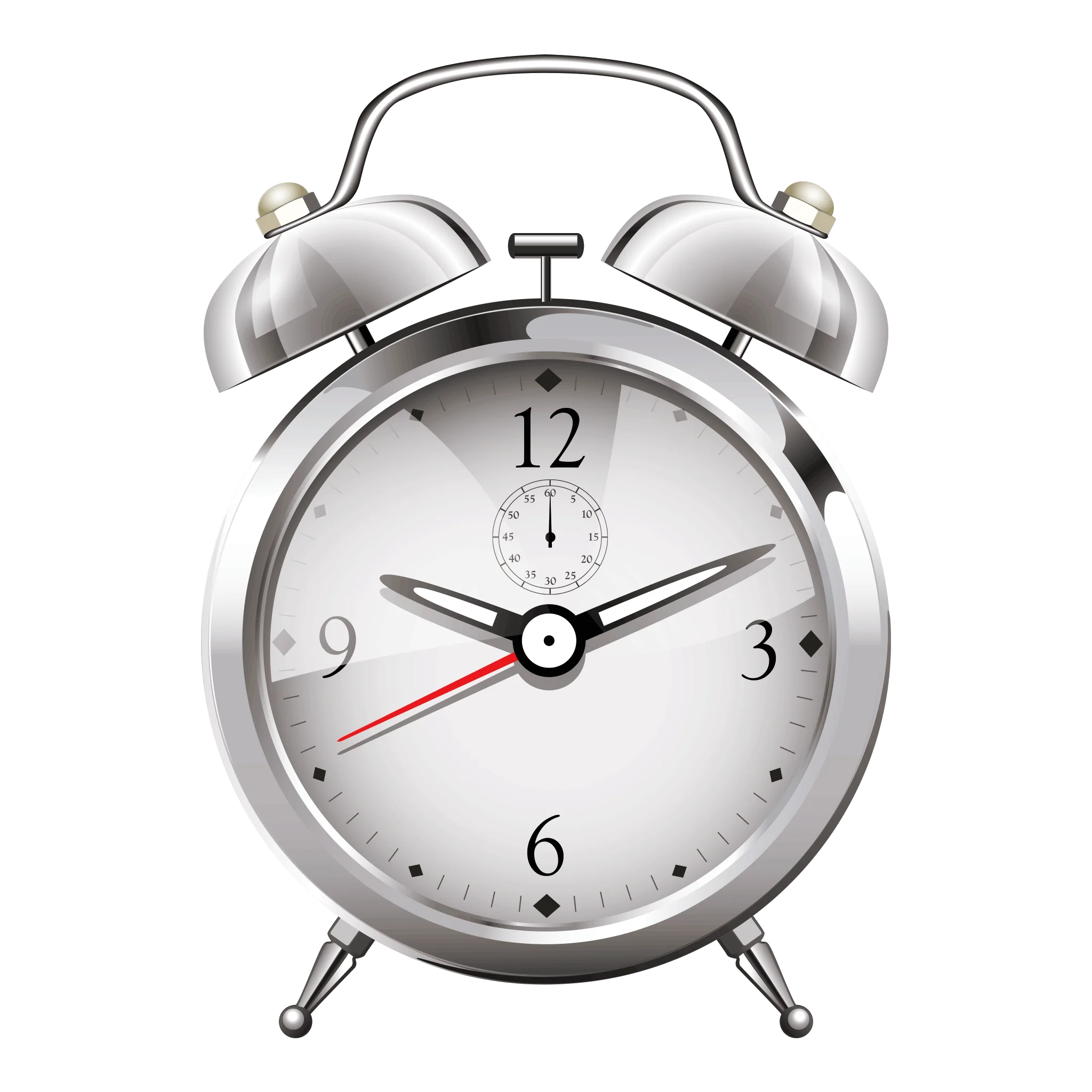 Classic Silver Analog Alarm Clock Retro Metallic Clipart Illustration