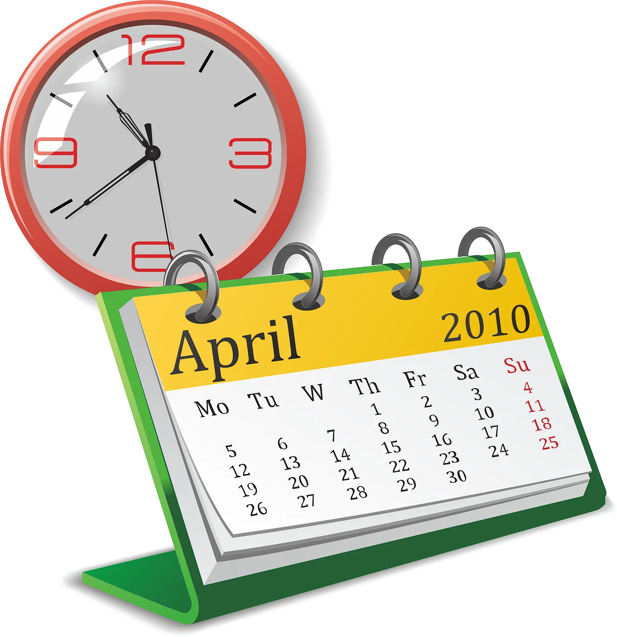 Desk Calendar and Wall Clock Clipart Illustrating April 2010 Time Management