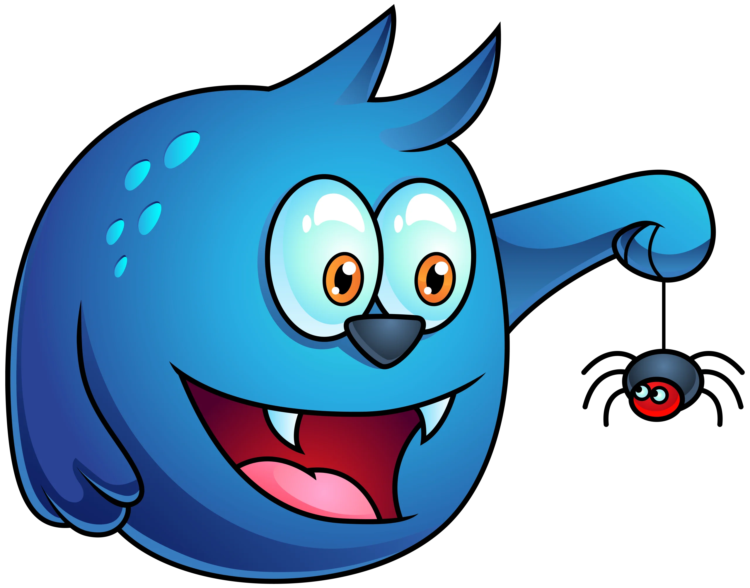 Playful Blue Monster Clipart Catching a Tiny Hanging Spider Friend