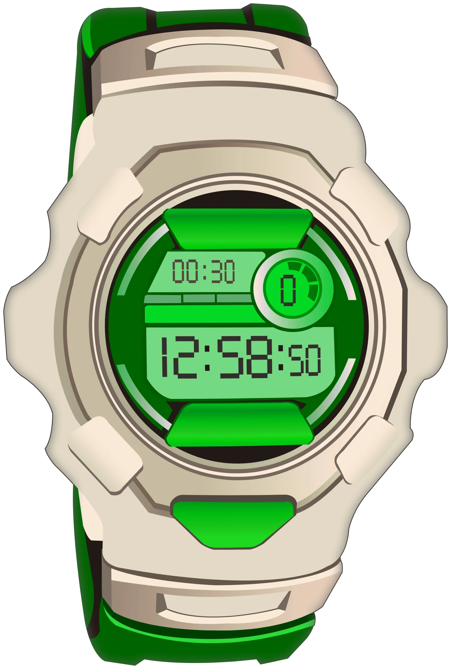 Retro Digital Sports Watch Clipart with Emerald Green and Silver Tones
