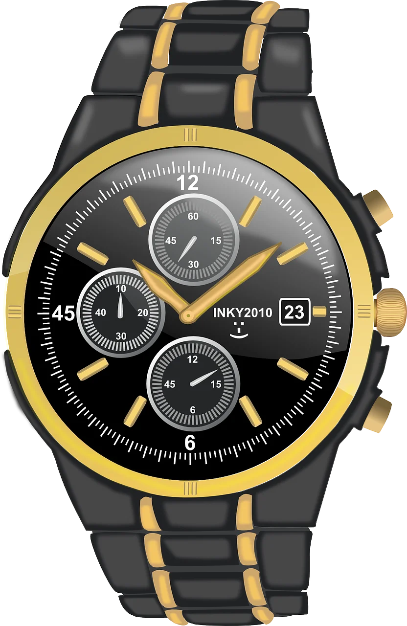 Stylish Black and Gold Chronograph Watch Clipart Design with Date Display