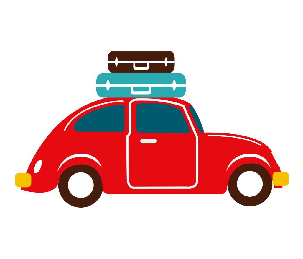 Cheerful Red Vintage Beetle Car Clipart with Luggage Rack for Summer Adventures