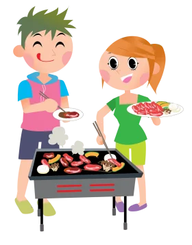 Cheerful Summer Barbecue Scene with Two Friends Enjoying Outdoor Grilling Clipart