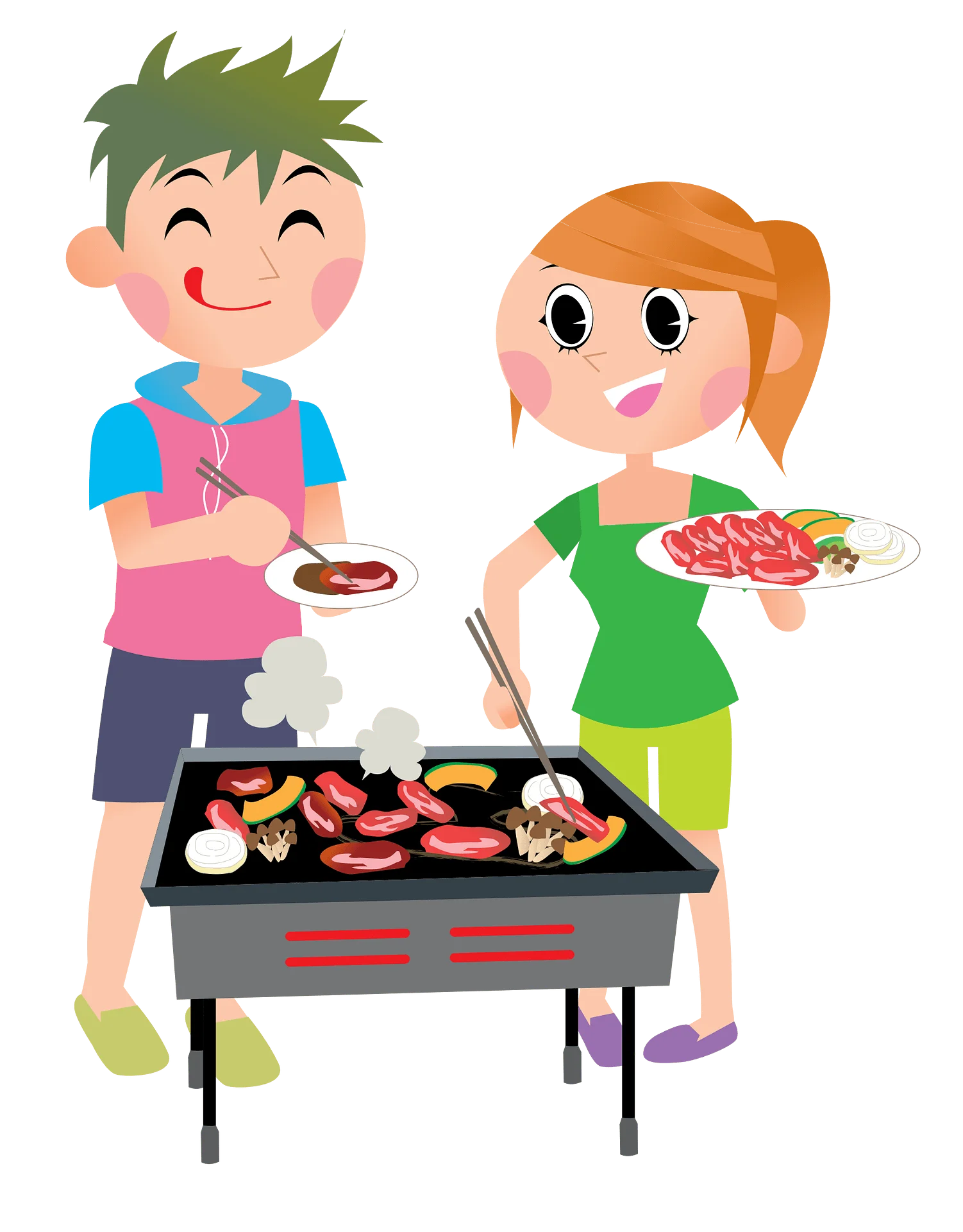 Cheerful Summer Barbecue Scene with Two Friends Enjoying Outdoor Grilling Clipart
