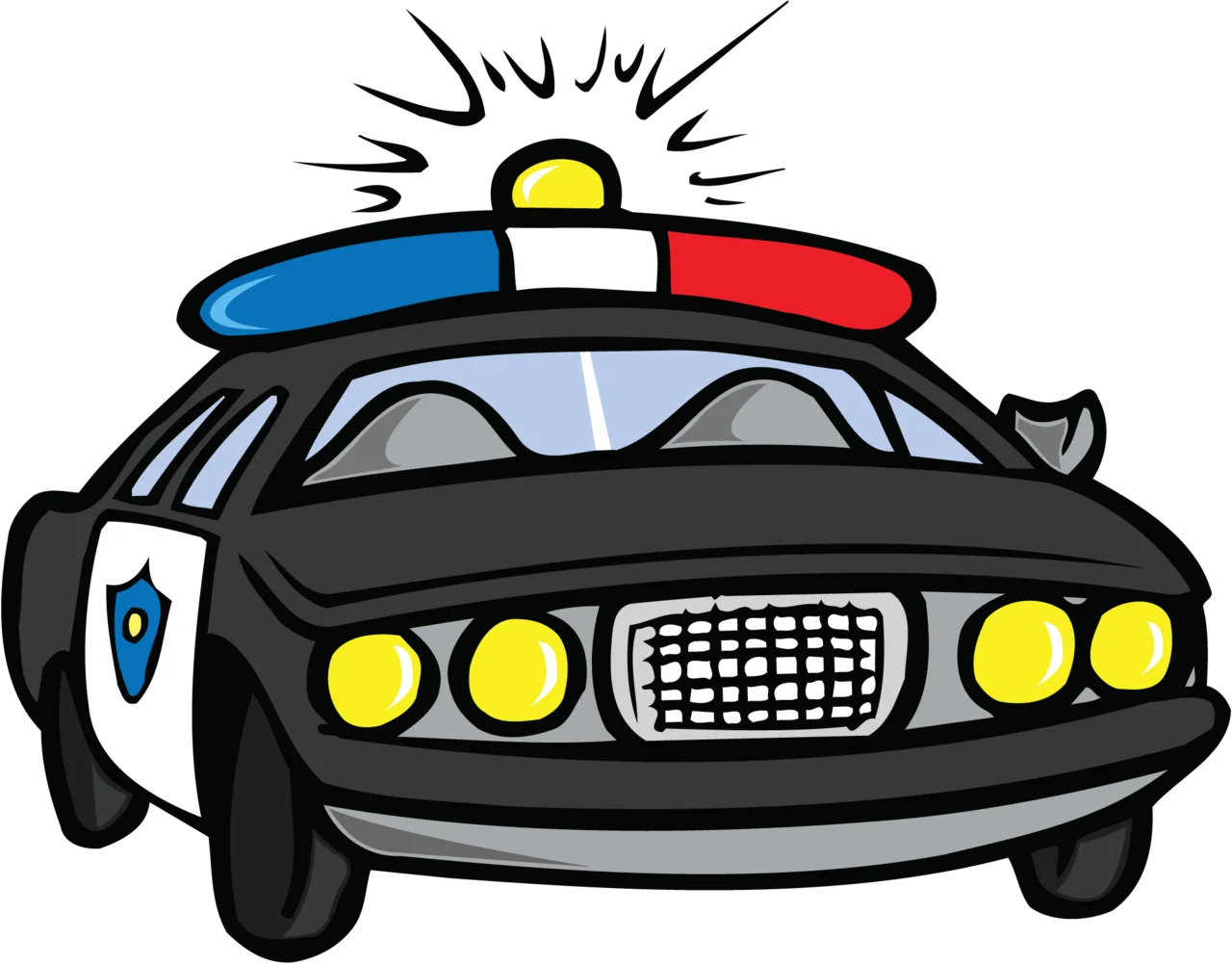 Classic Black and White Police Car Cartoon Clipart with Bold Colors