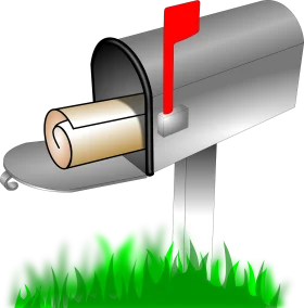 Classic Gray Mailbox with Red Flag Nestled in Lush Green Grass Clipart Illustration