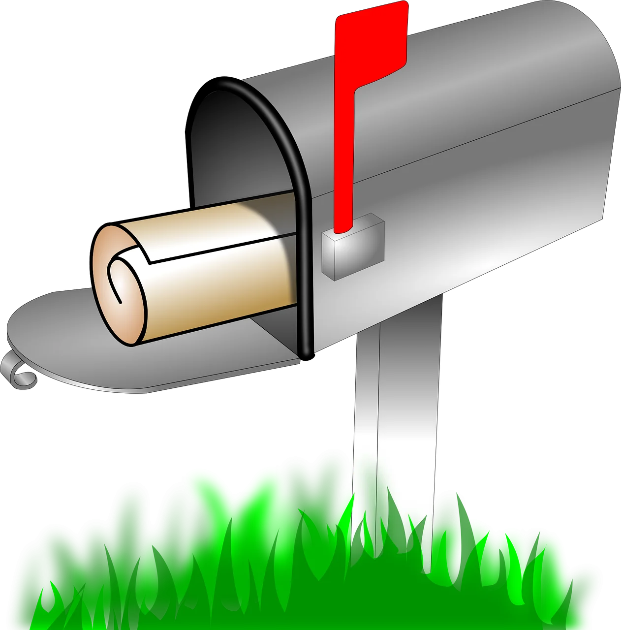 Classic Gray Mailbox with Red Flag Nestled in Lush Green Grass Clipart Illustration