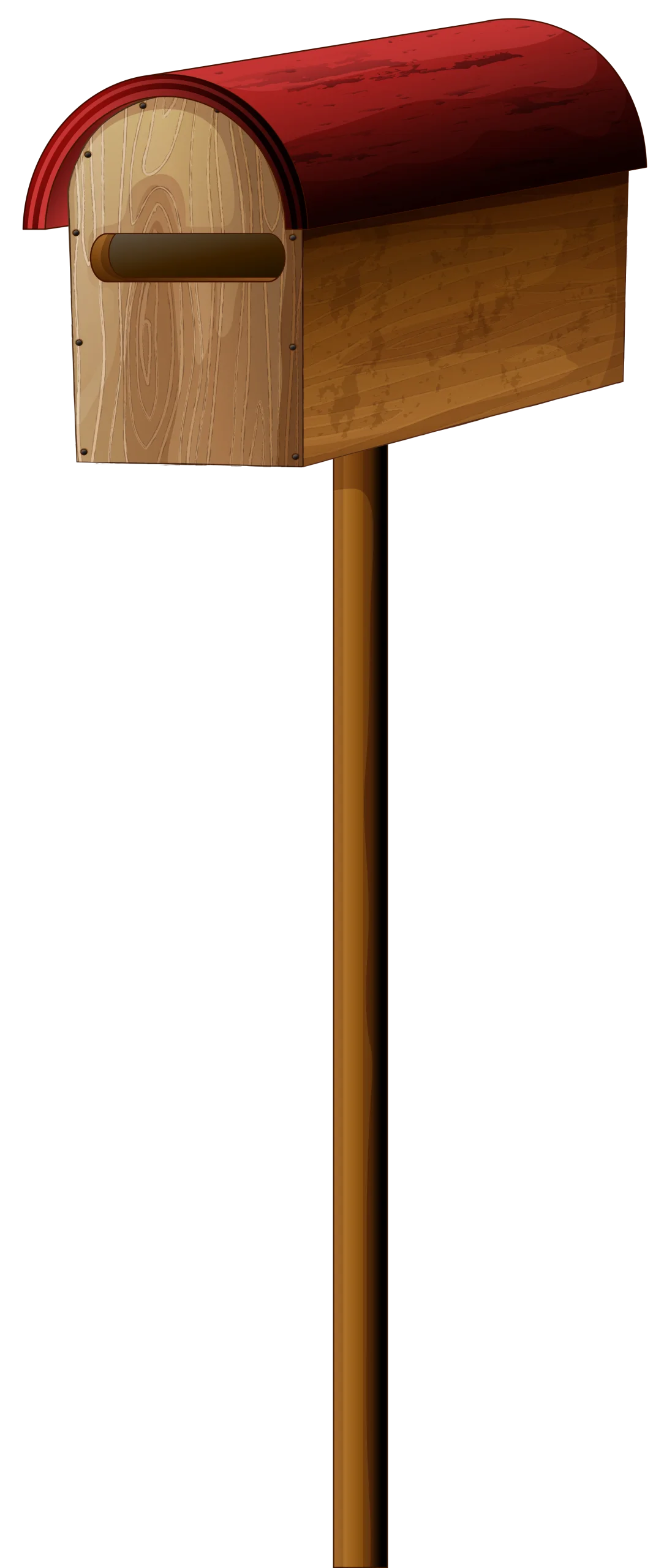 Classic Rustic Wooden Mailbox Clipart with Red Curved Roof Design