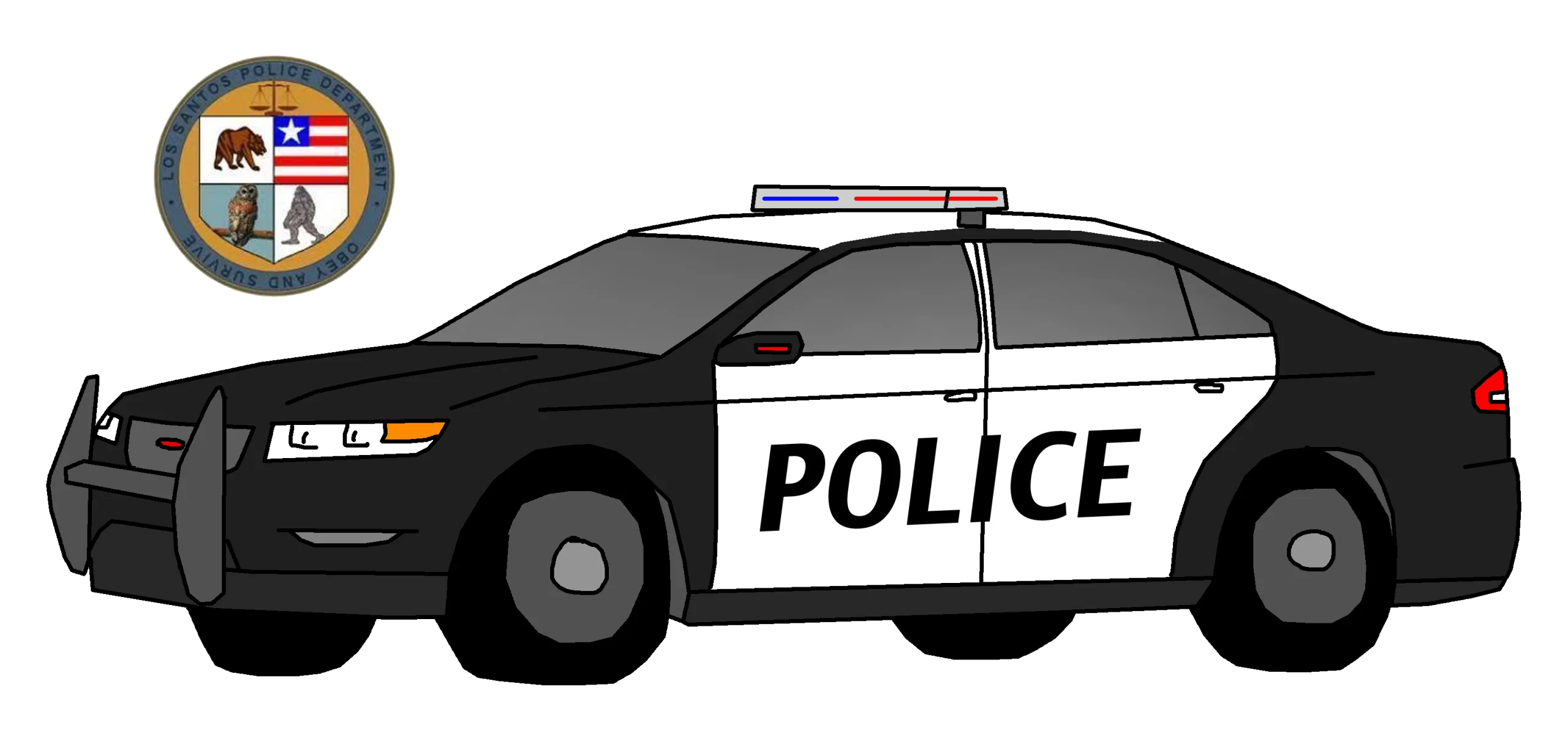 Detailed Black and White Police Car Clipart Illustration with Law Enforcement Emblem