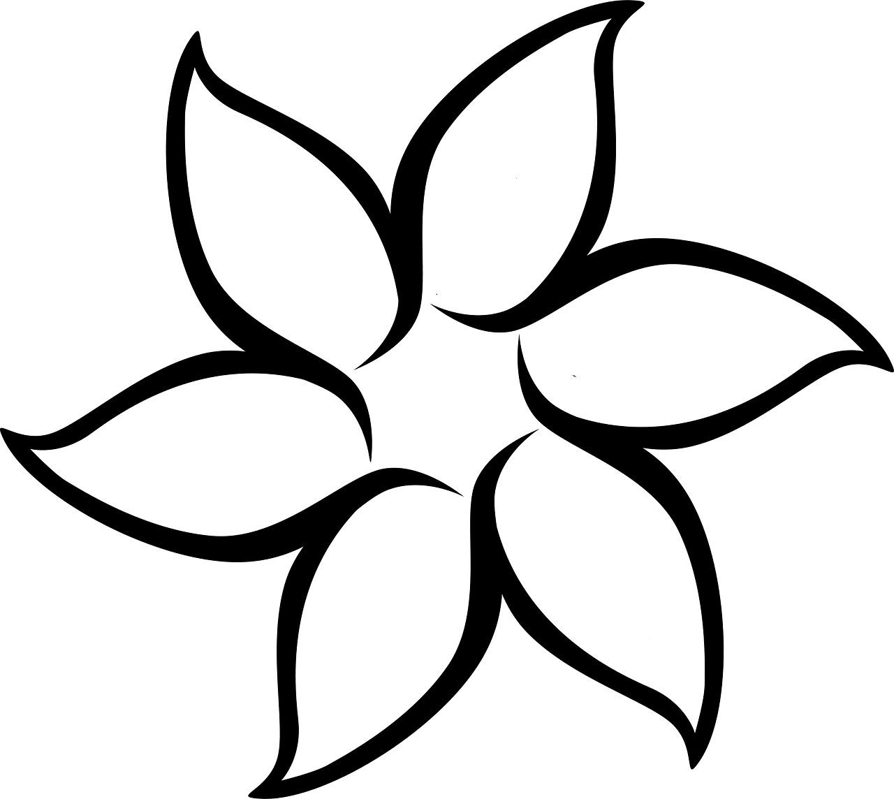 Elegant Black and White Six-Petal Floral Clipart Design with Smooth Curves