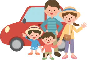 Family Road Trip Adventure Cartoon Clipart Scene with Cheerful Characters