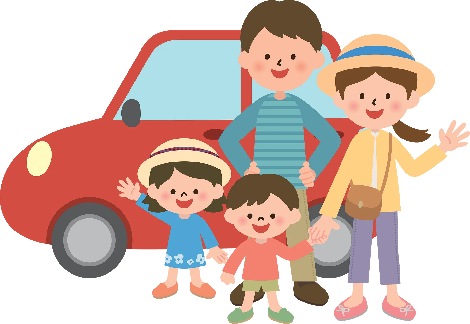 Family Road Trip Adventure Cartoon Clipart Scene with Cheerful Characters