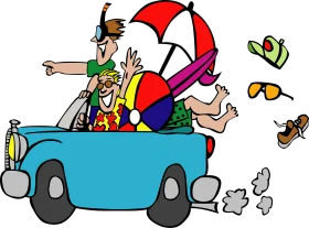 Family Summer Road Trip Adventure Clipart: Excitement on Wheels with Beach Essentials