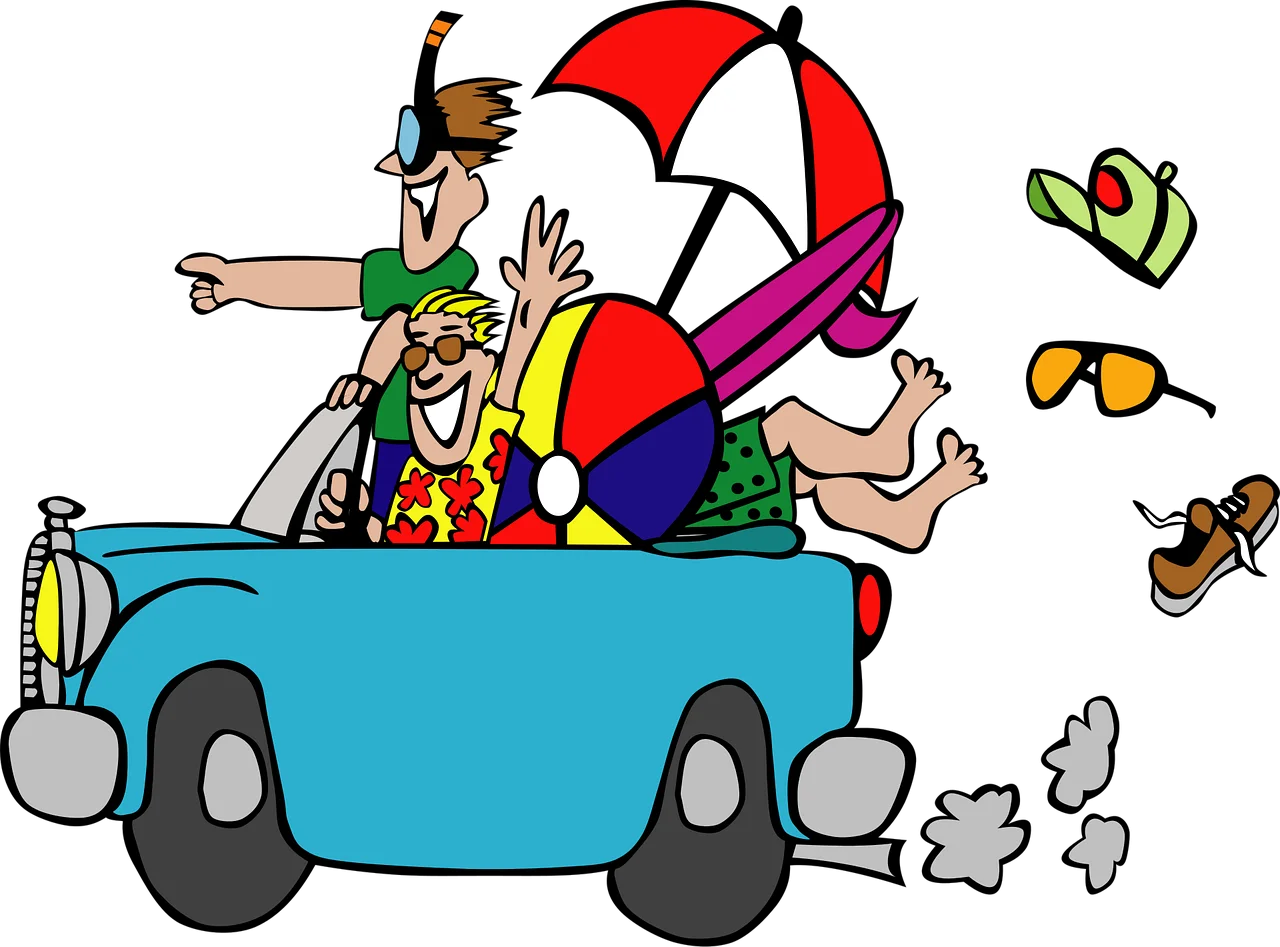 Family Summer Road Trip Adventure Clipart: Excitement on Wheels with Beach Essentials