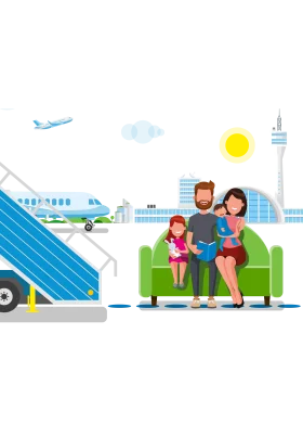 Family Vacation Journey: A Colorful Airport Boarding Adventure Clipart Illustration