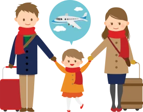 Family Vacation Travel Preparation Clipart with Cheerful Travelers and Airplane