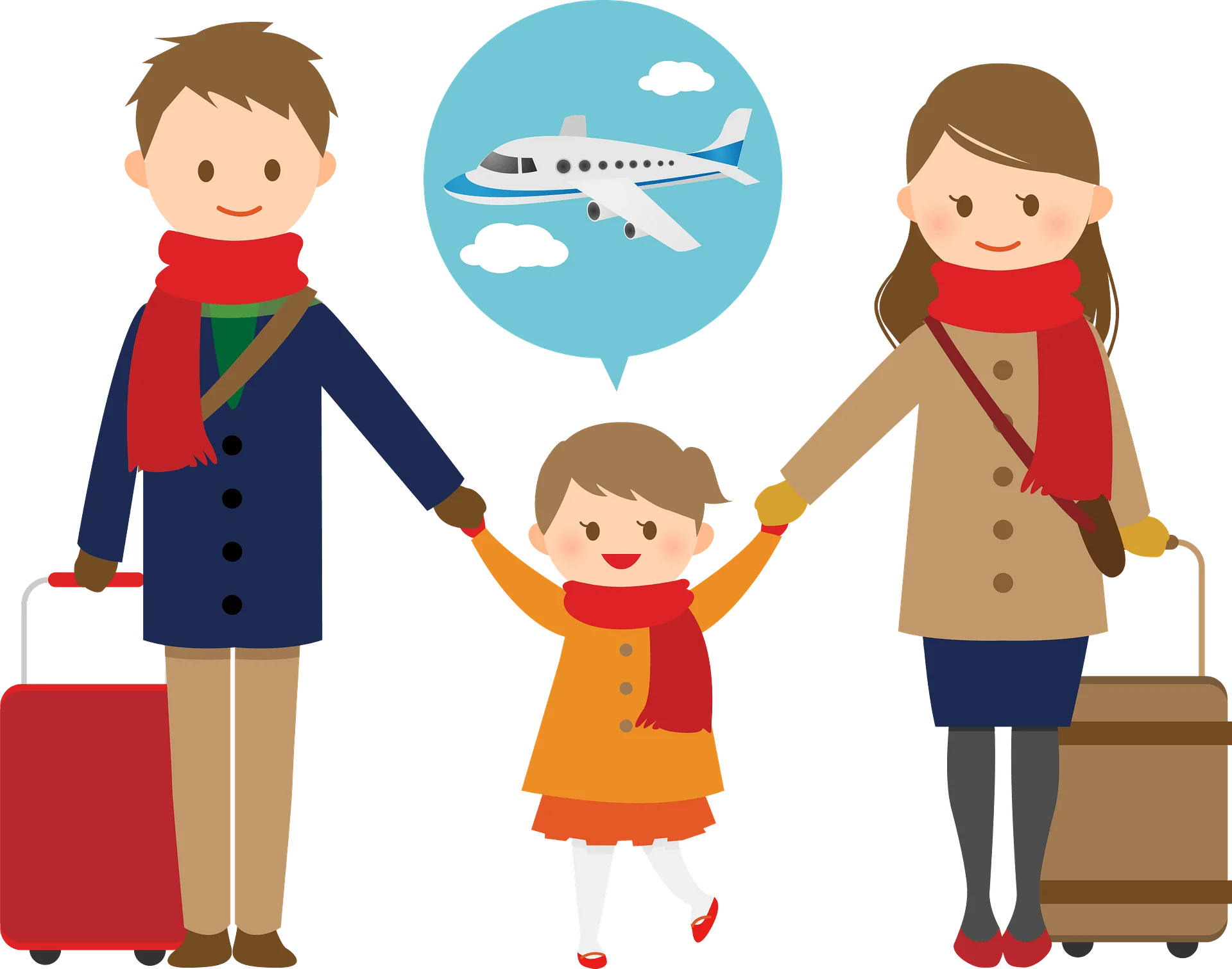 Family Vacation Travel Preparation Clipart with Cheerful Travelers and Airplane