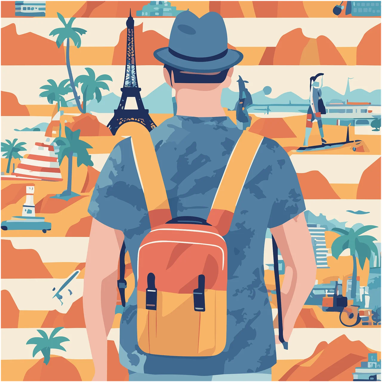 Globetrotting Adventures: A Colorful Travel Clipart Illustration of Wanderlust Exploration