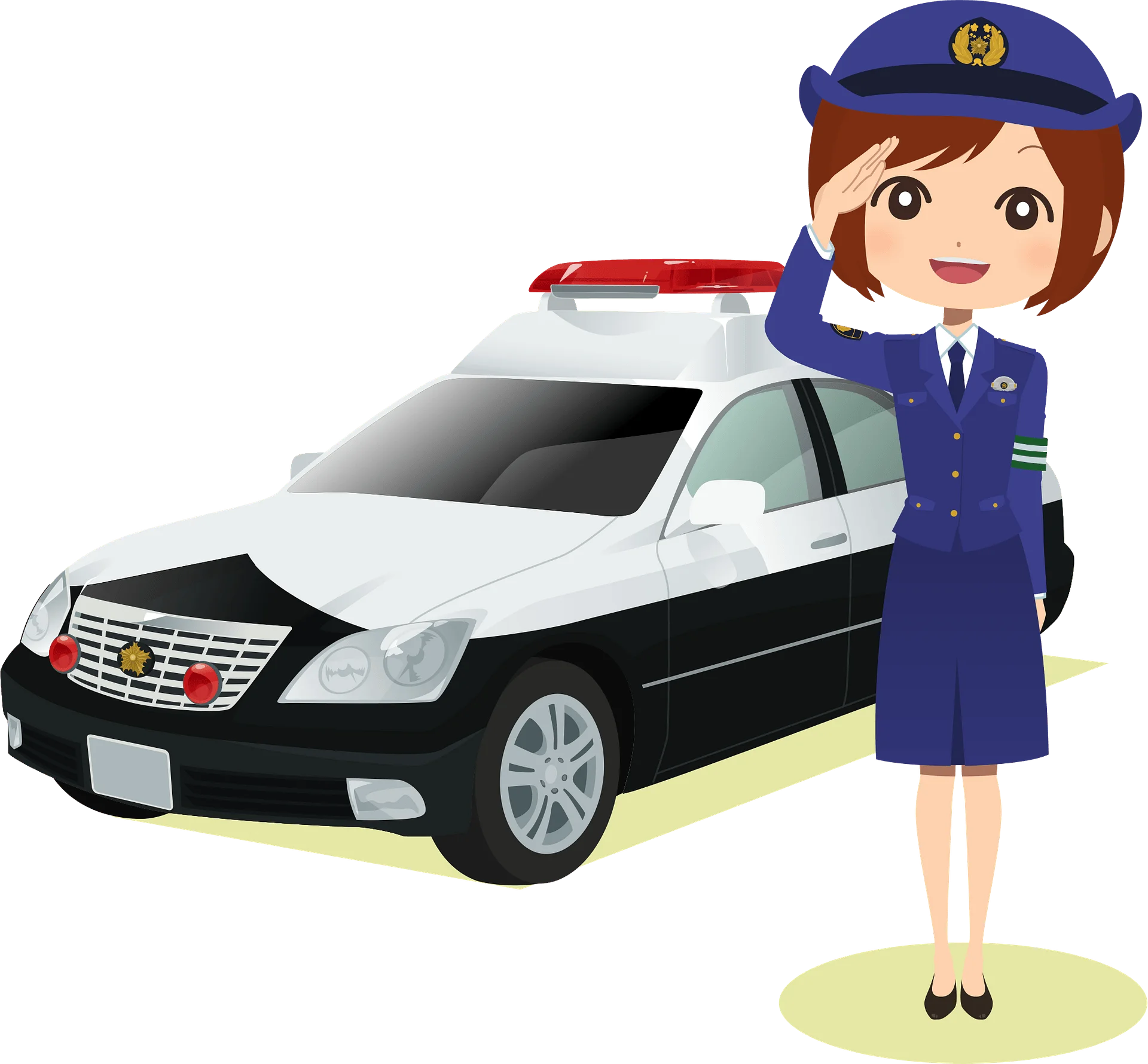 Japanese Police Officer Standing Beside Official Law Enforcement Vehicle Clipart Illustration