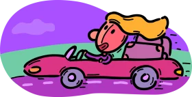 Joyful Road Trip Adventure: Cartoon Clipart of Blonde Driver in Pink Car