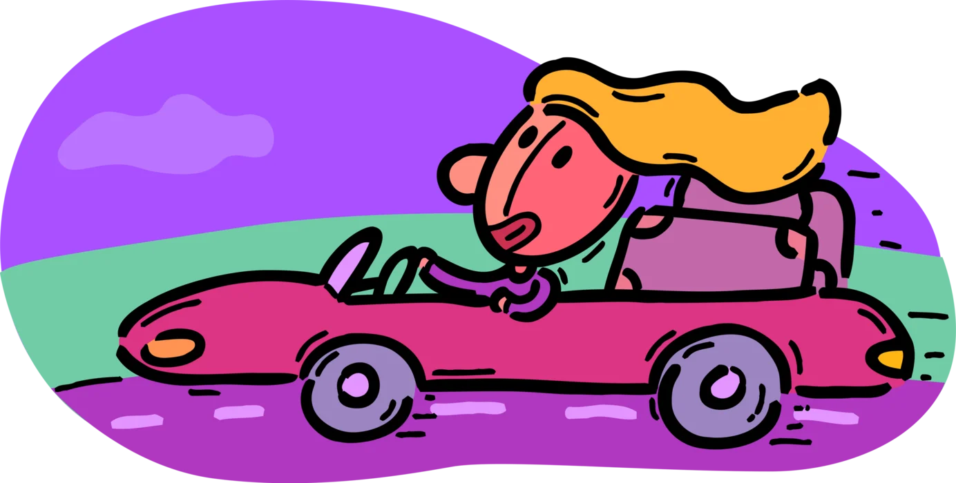 Joyful Road Trip Adventure: Cartoon Clipart of Blonde Driver in Pink Car