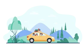 Scenic Road Trip Adventure: Family Vacation Clipart Illustration of Summer Travel