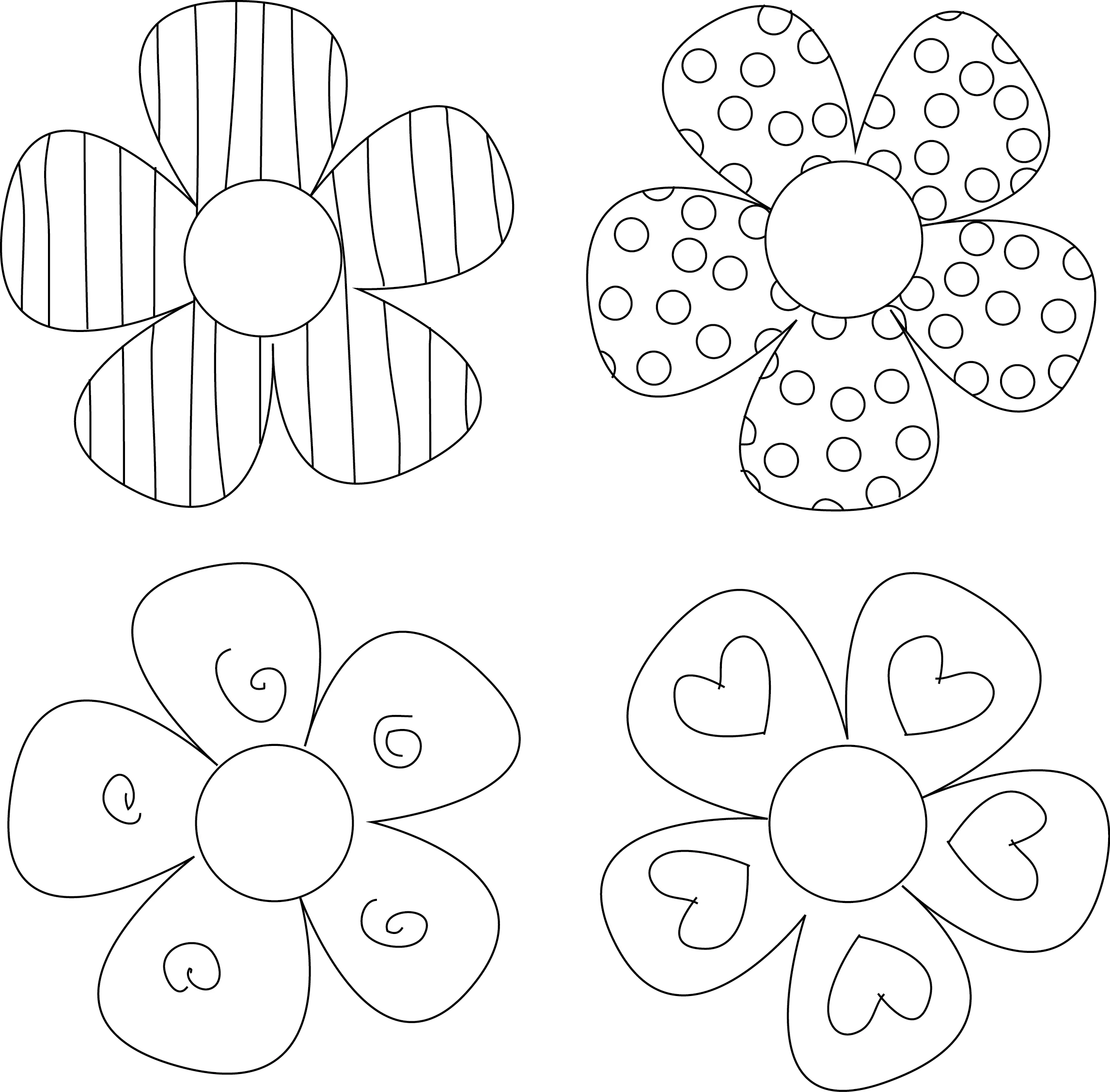 Simple Black and White Flower Outline Clipart Collection - Four Unique Designs
