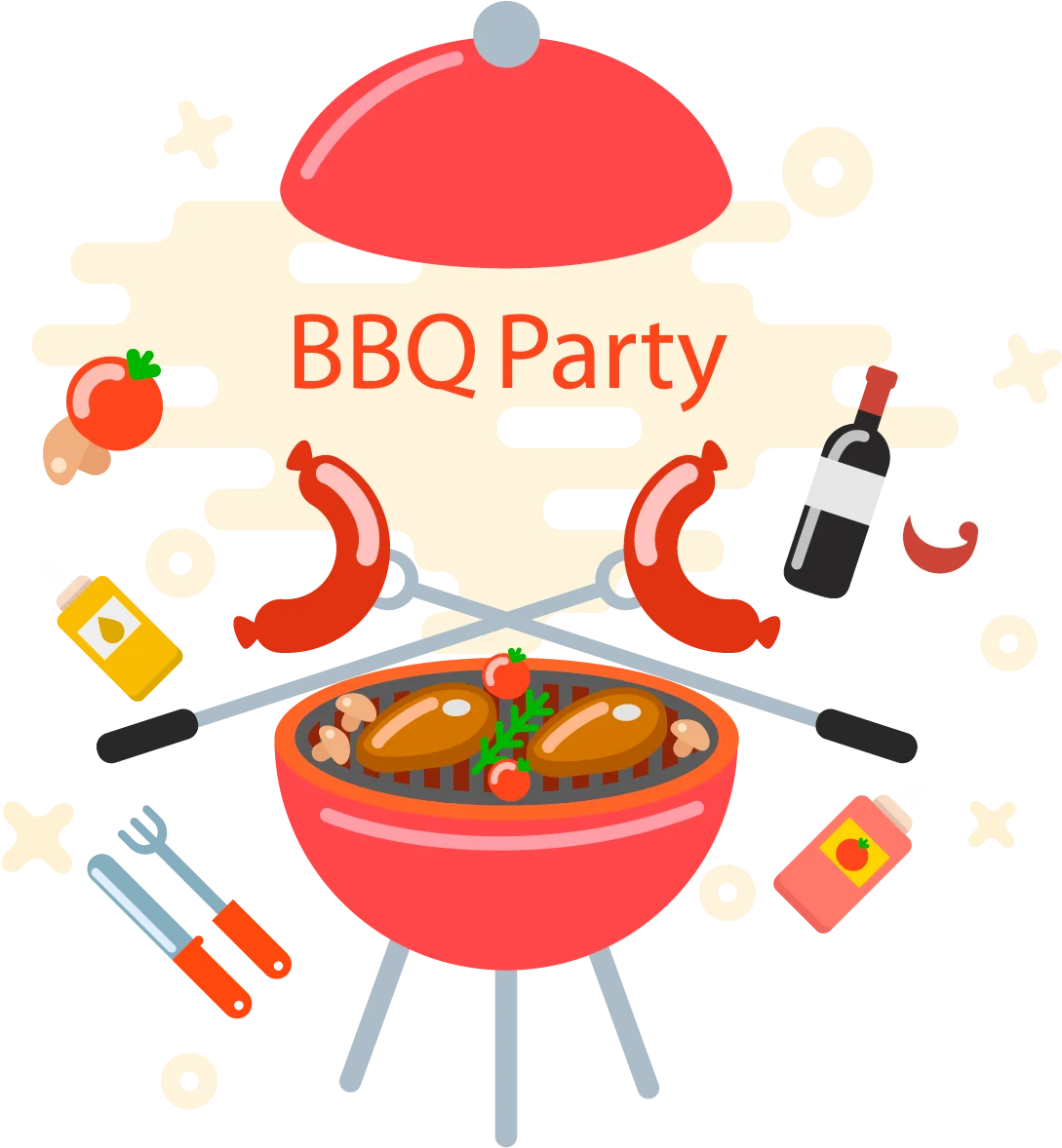 Sizzling Summer BBQ Party Clipart: Grill, Sausages, and Festive Cookout Essentials