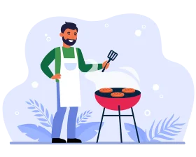 Summer Backyard Barbecue Scene with Chef Grilling Delicious Meats Clipart Illustration