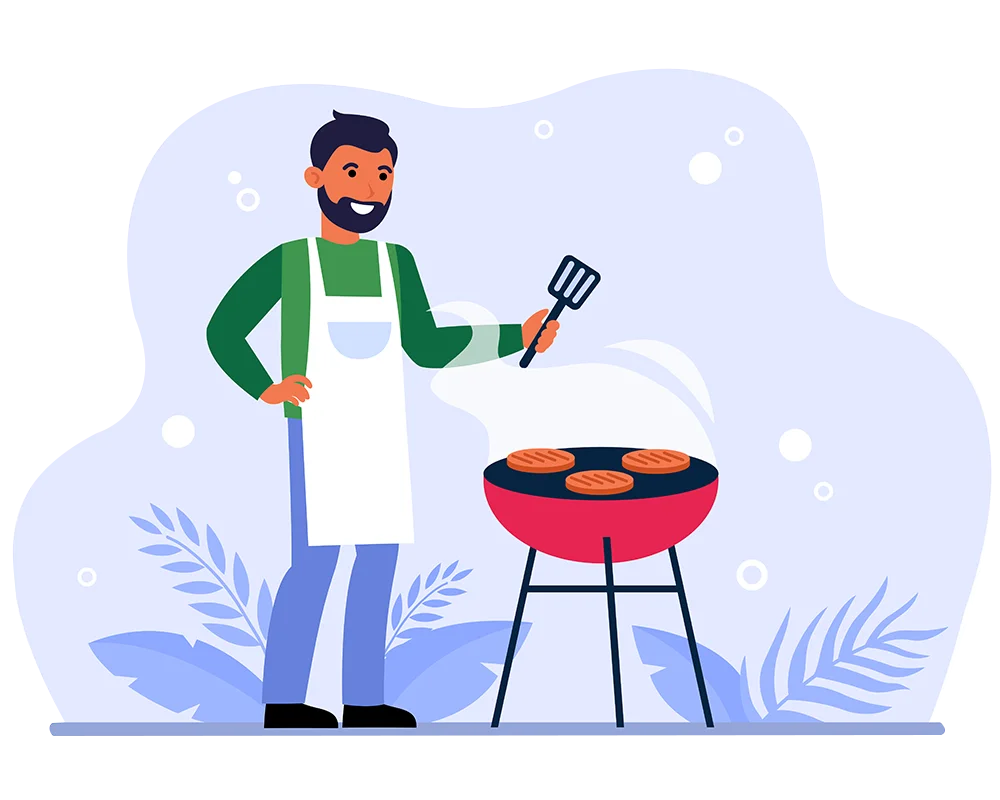 Summer Backyard Barbecue Scene with Chef Grilling Delicious Meats Clipart Illustration