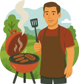 Summer Barbecue Scene: A Friendly Grill Master Preparing Delicious Outdoor Clipart