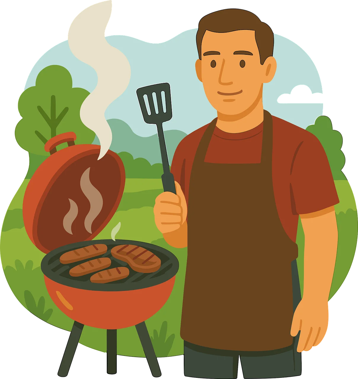 Summer Barbecue Scene: A Friendly Grill Master Preparing Delicious Outdoor Clipart