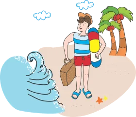 Summer Beach Vacation Travel Clipart with Playful Character and Tropical Scene