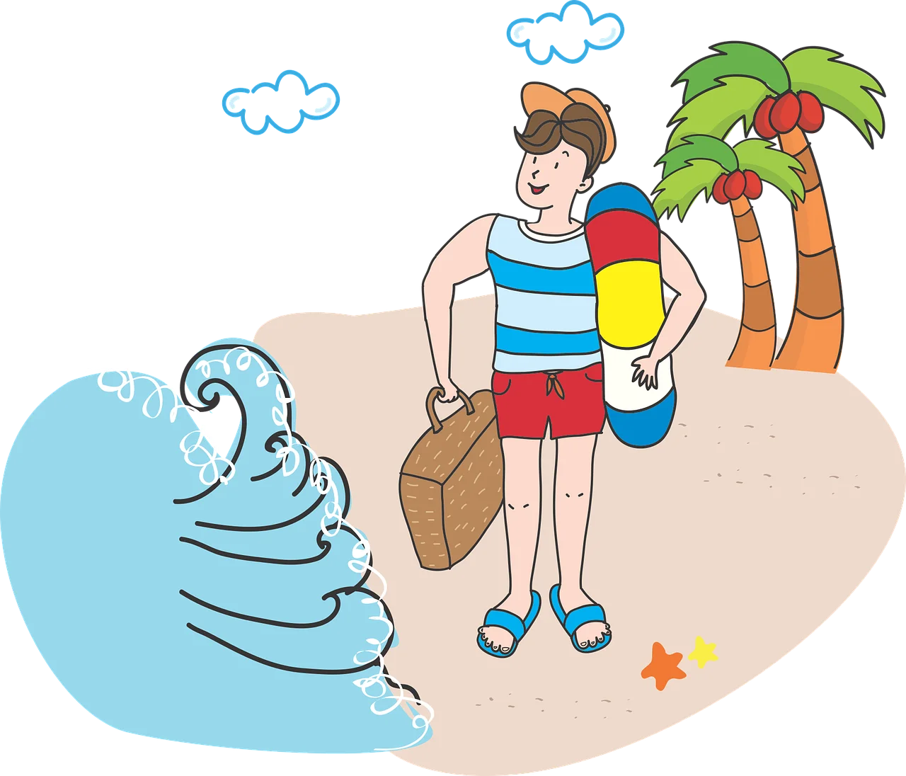 Summer Beach Vacation Travel Clipart with Playful Character and Tropical Scene