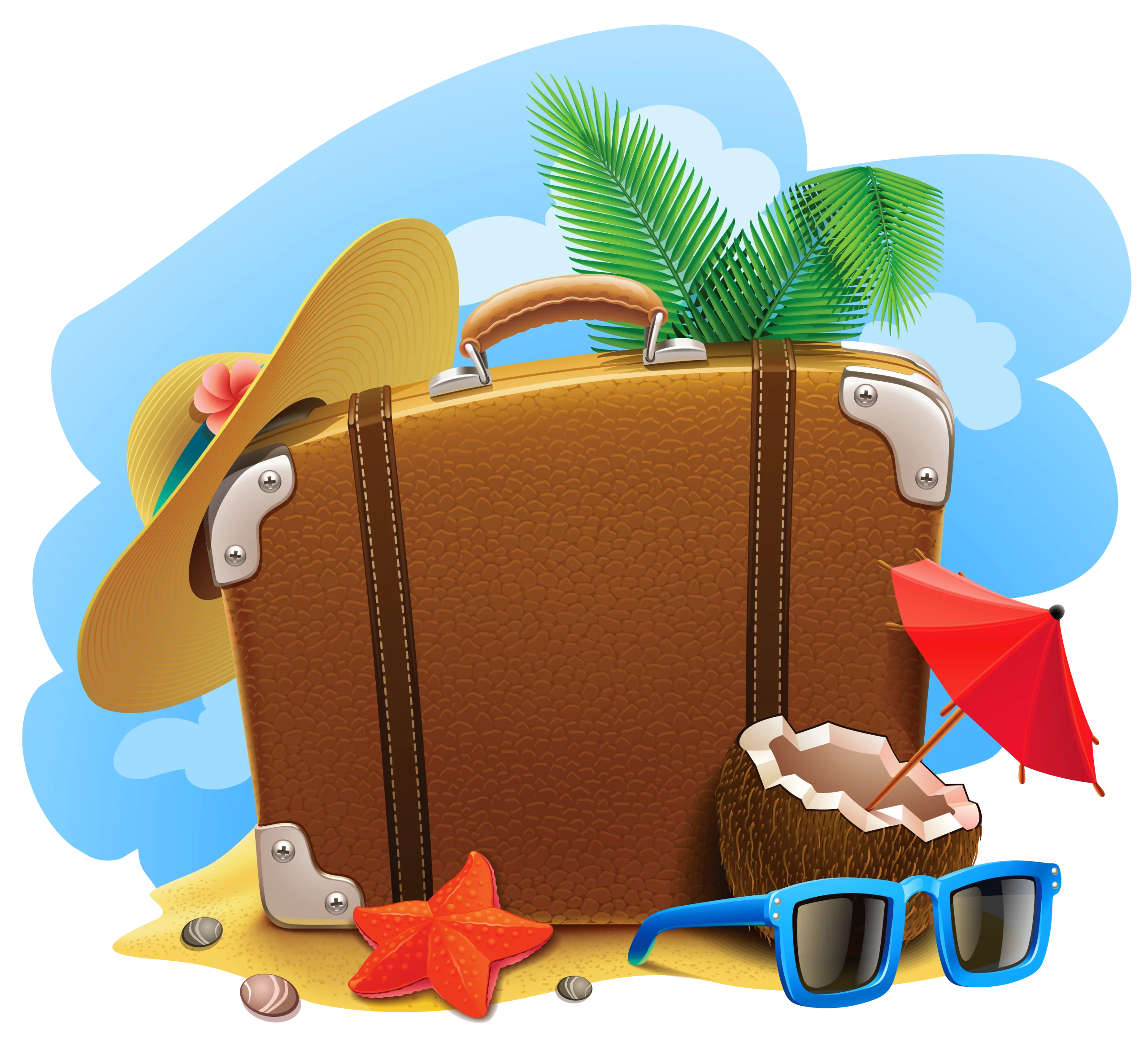Summer Vacation Travel Essentials Clipart Illustration with Suitcase and Accessories